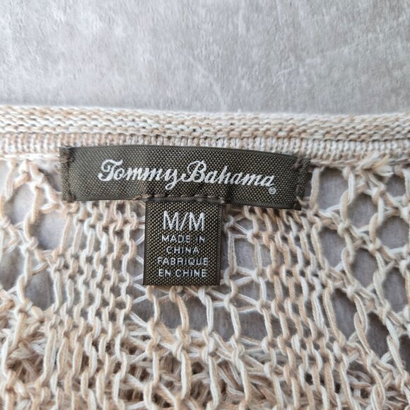Tommy Bahama Tunic Top Open Knit Crochet M Tan Linen Minimalist Cover Up V Neck - Picture 8 of 12